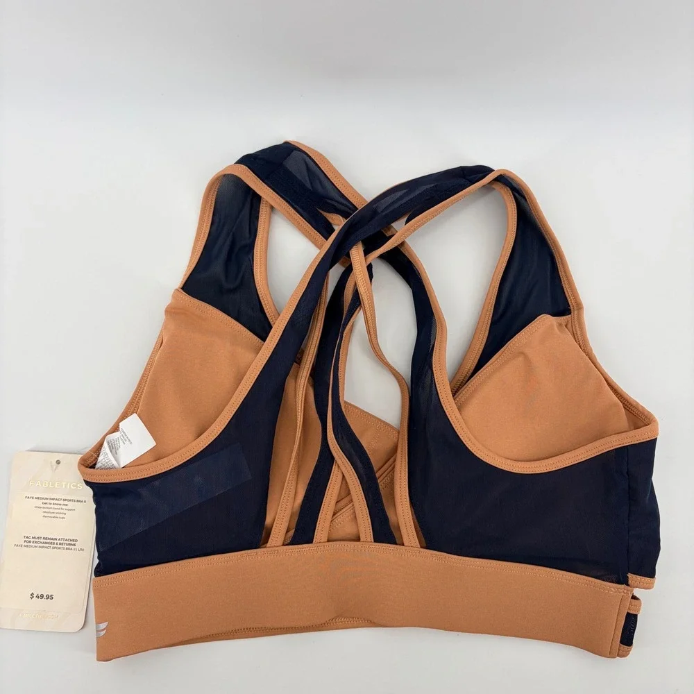 Fabletics Faye Medium Impact Sports Bra II Navy Blue Tan Mesh Strappy Large NEW - Picture 2 of 7